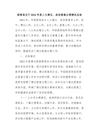 招商局关于2024年度人大建议、政协提案办理情况总结