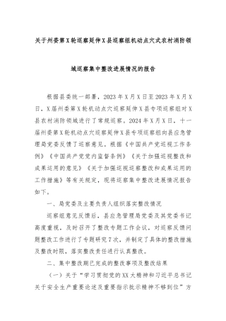 关于州委第X轮巡察延伸X县巡察组机动点穴式农村消防领域巡察集中整改进展情况的报告 - 副本