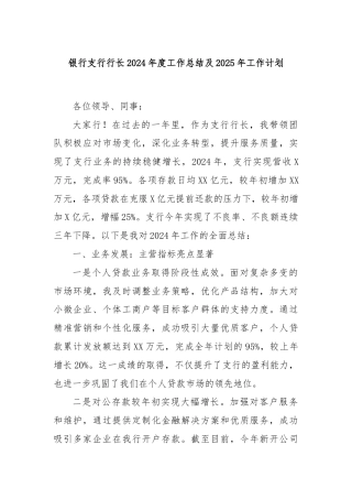 银行支行行长2024年度工作总结及2025年工作计划