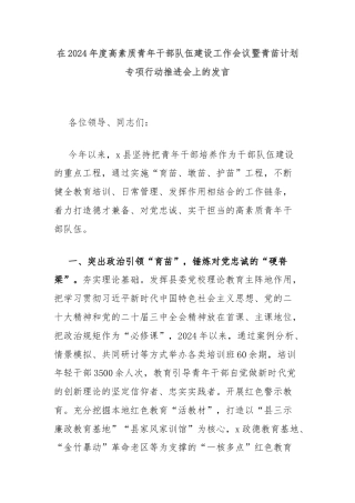在2024年度高素质青年干部队伍建设工作会议暨青苗计划专项行动推进会上的发言