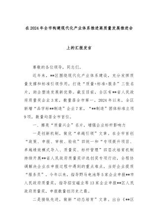 在2024年全市构建现代化产业体系推进高质量发展推进会上的汇报发言