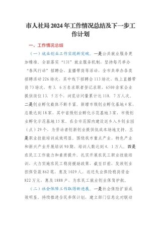 市人社局2024年工作情况总结及下一步工作计划