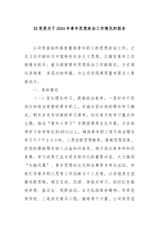 XX党委关于2024年青年思想政治工作情况的报告