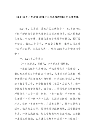 XX县XX乡人民政府2024年工作总结和2025年工作打算