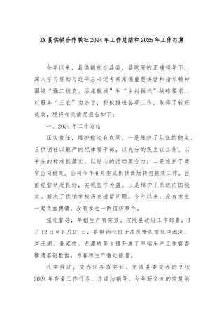 XX县供销合作联社2024年工作总结和2025年工作打算
