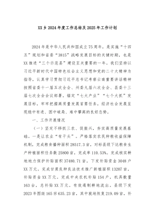 XX乡2024年度工作总结及2025年工作计划