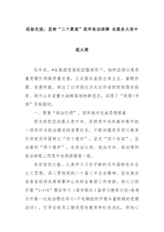 经验交流：坚持“三个聚焦”筑牢政治保障 在服务大局中挑大梁