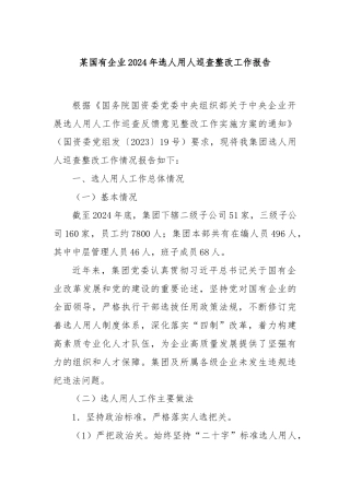 某国有企业2024年选人用人巡查整改工作报告