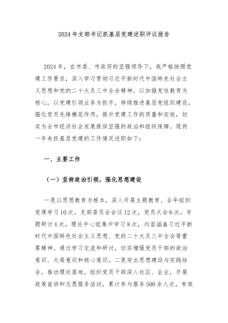 2024年支部书记抓基层党建述职评议报告