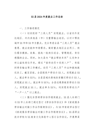 XX县2024年度就业工作总结