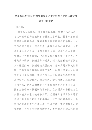 党委书记在2024年加强国有企业青年科技人才队伍建设推进会上的讲话