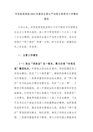 市民政局党组2024年落实全面从严治党主体责任工作情况报告