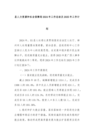 县人力资源和社会保障局2024年工作总结及2025年工作计划