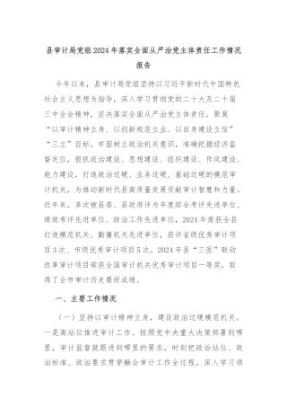 县审计局党组2024年落实全面从严治党主体责任工作情况报告
