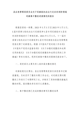 县应急管理局委员会关于巡察组机动点穴式农村消防领域巡察集中整改进展情况的报告