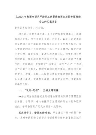 在2024年集团全面从严治党工作暨清廉国企建设专题推进会上的汇报发言