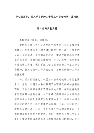 中心组发言：深入学习党的二十届三中全会精神，推动统计工作高质量发展