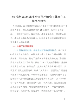 xx党组2024落实全面从严治党主体责任工作情况报告