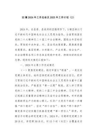 XX镇2024年工作总结及2025年工作计划（2）