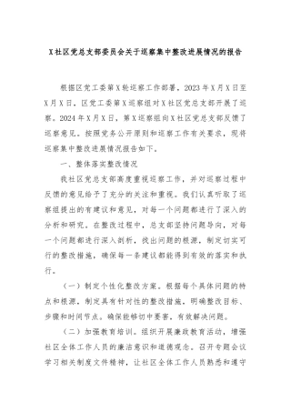 X社区党总支部委员会关于巡察集中整改进展情况的报告