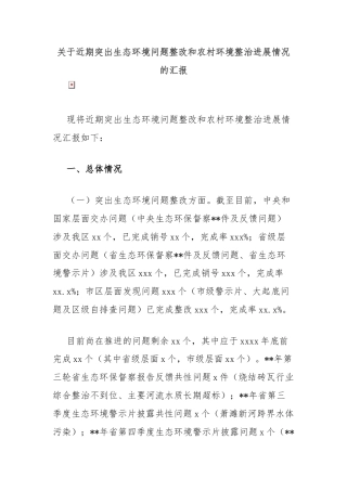 关于近期突出生态环境问题整改和农村环境整治进展情况的汇报