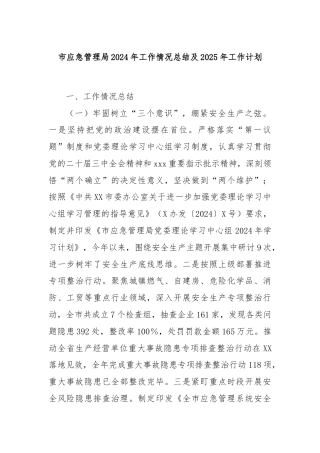 市应急管理局2024年工作情况总结及2025年工作计划