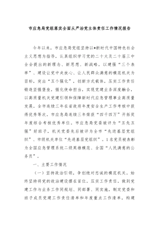 市应急局党组落实全面从严治党主体责任工作情况报告