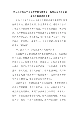学习二十届三中全会精神的心得体会：执笔三心书写全面深化改革最美新诗篇