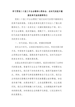 学习贯彻二十届三中全会精神心得体会：在时代洪流中激荡改革开放的澎湃伟力