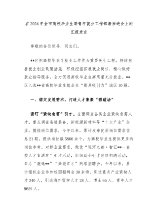 在2024年全市高校毕业生等青年就业工作部署推进会上的汇报发言