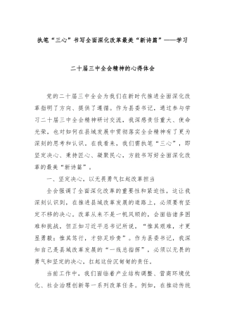 执笔“三心”书写全面深化改革最美“新诗篇”——学习二十届三中全会精神的心得体会