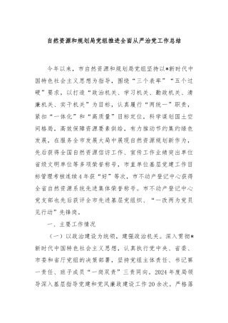 自然资源和规划局党组推进全面从严治党工作总结