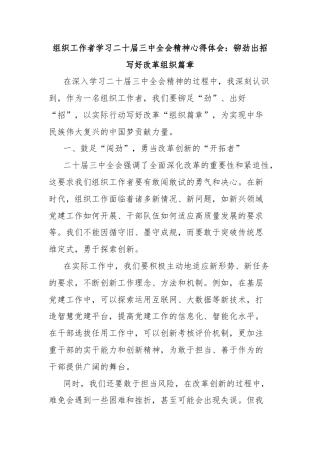 组织工作者学习二十届三中全会精神心得体会：铆劲出招写好改革组织篇章