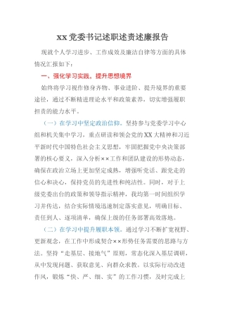 xx党委书记述职述责述廉报告