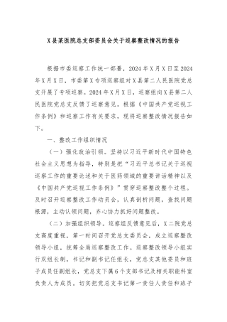 X县某医院总支部委员会关于巡察整改情况的报告