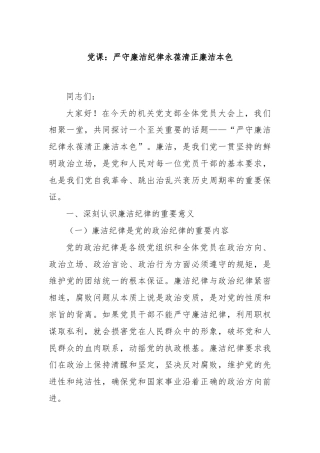 党课：严守廉洁纪律永葆清正廉洁本色