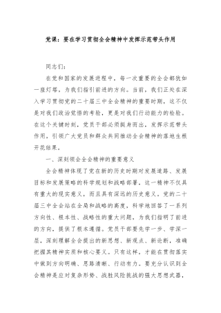 党课：要在学习贯彻全会精神中发挥示范带头作用