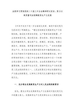 法院学习贯彻党的二十届三中全会精神研讨发言：努力以高质量司法保障新质生产力发展