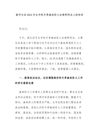 副市长在2024年全市秋冬季森林防火会商研判会上的讲话
