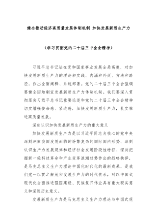 健全推动经济高质量发展体制机制 加快发展新质生产力（学习贯彻党的二十届三中全会精神）