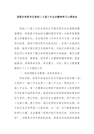 某银行党委书记党的二十届三中全会精神学习心得体会