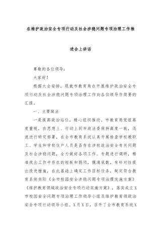 在维护政治安全专项行动及社会涉稳问题专项治理工作推进会上讲话