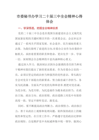 市委秘书办学习二十届三中全会精神心得体会