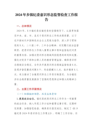 2024年乡镇纪委意识形态监督检查工作报告