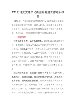 XX公司党支部书记抓基层党建工作述职报告