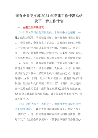 国有企业党支部2024年党建工作情况总结及下一步工作计划