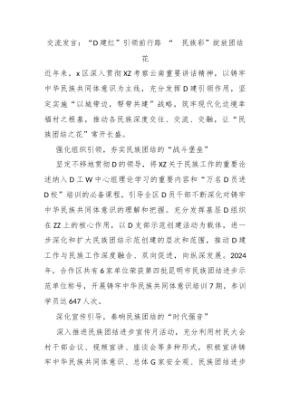 交流发言：“党建红”引领前行路 “  民族彩”绽放团结花