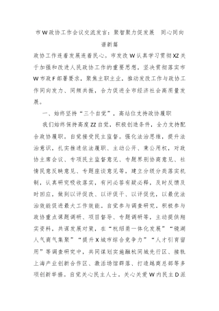 市委政协工作会议交流发言：聚智聚力促发展  同心同向谱新篇