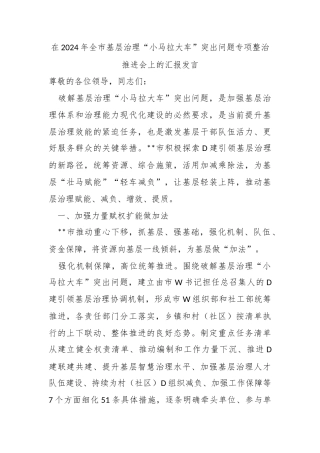 在2024年全市基层治理“小马拉大车”突出问题专项整治推进会上的汇报发言