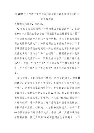 在2024年全市进一步全面深化国资国企改革推动会上的上的汇报发言